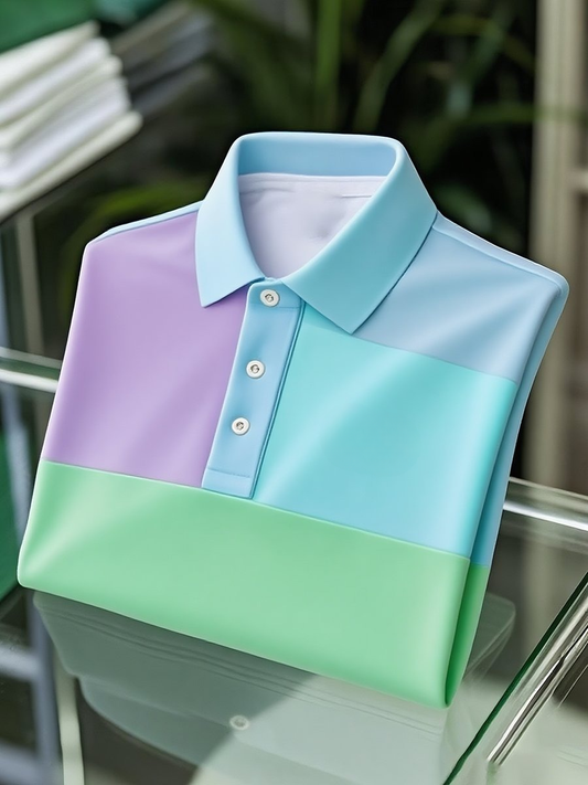 Men's Classic Business Colorblock Logo Button Short Sleeve Polo Shirt