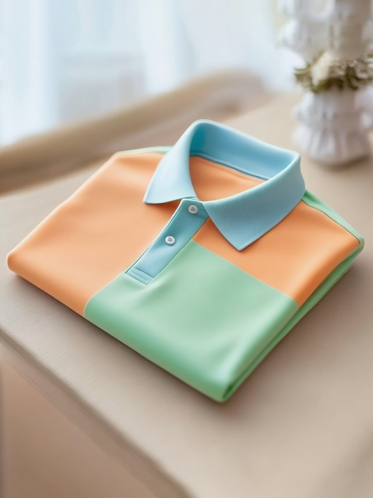 Men's Classic Business Stripe Logo Button Short Sleeve Polo Shirt