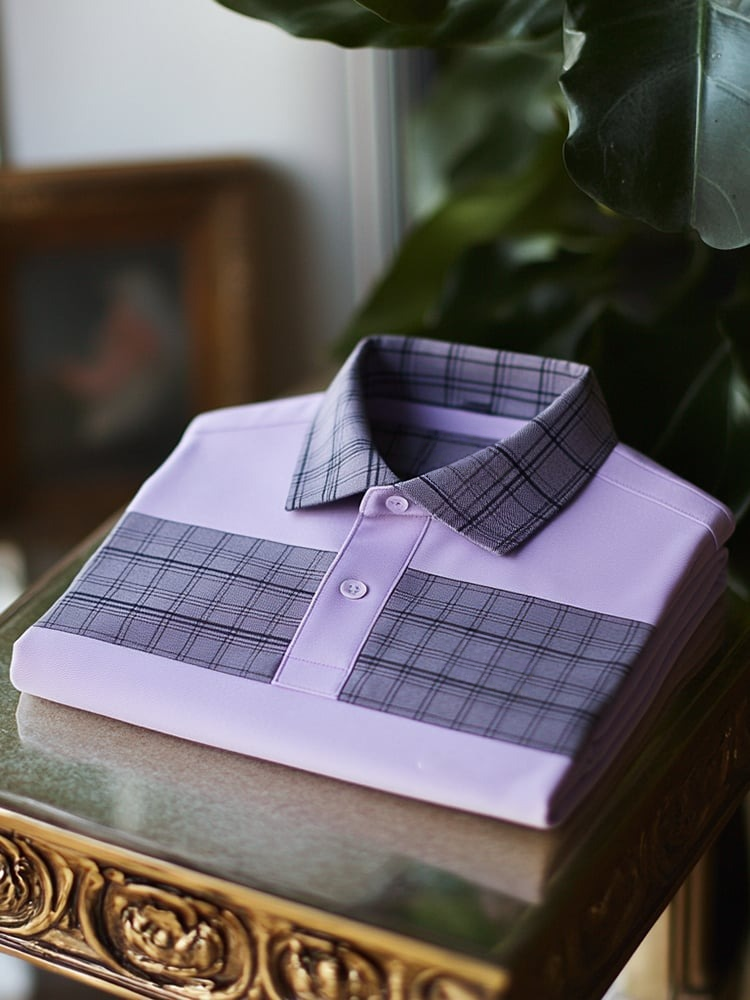 Men's Classic Business Check Logo Button Short Sleeve Polo Shirt
