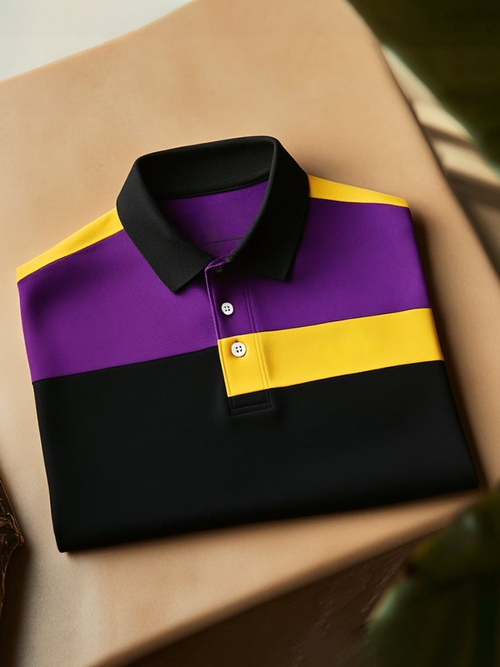 Men's Classic Business Check Logo Button Short Sleeve Polo Shirt