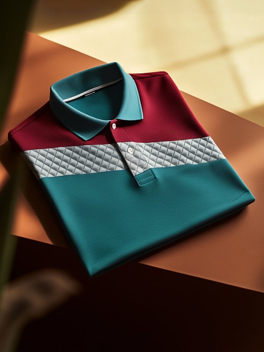 Men's Classic Business Check Logo Button Short Sleeve Polo Shirt