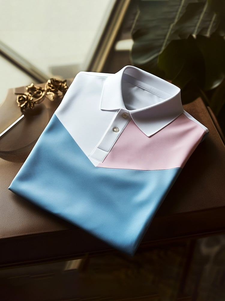 Men's Classic Business Check Logo Button Short Sleeve Polo Shirt