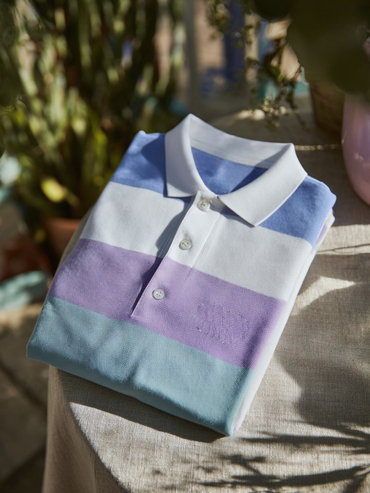 Men's Classic Business Stripe Logo Button Short Sleeve Polo Shirt