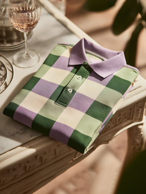 Men's Classic Business Check Logo Button Short Sleeve Polo Shirt
