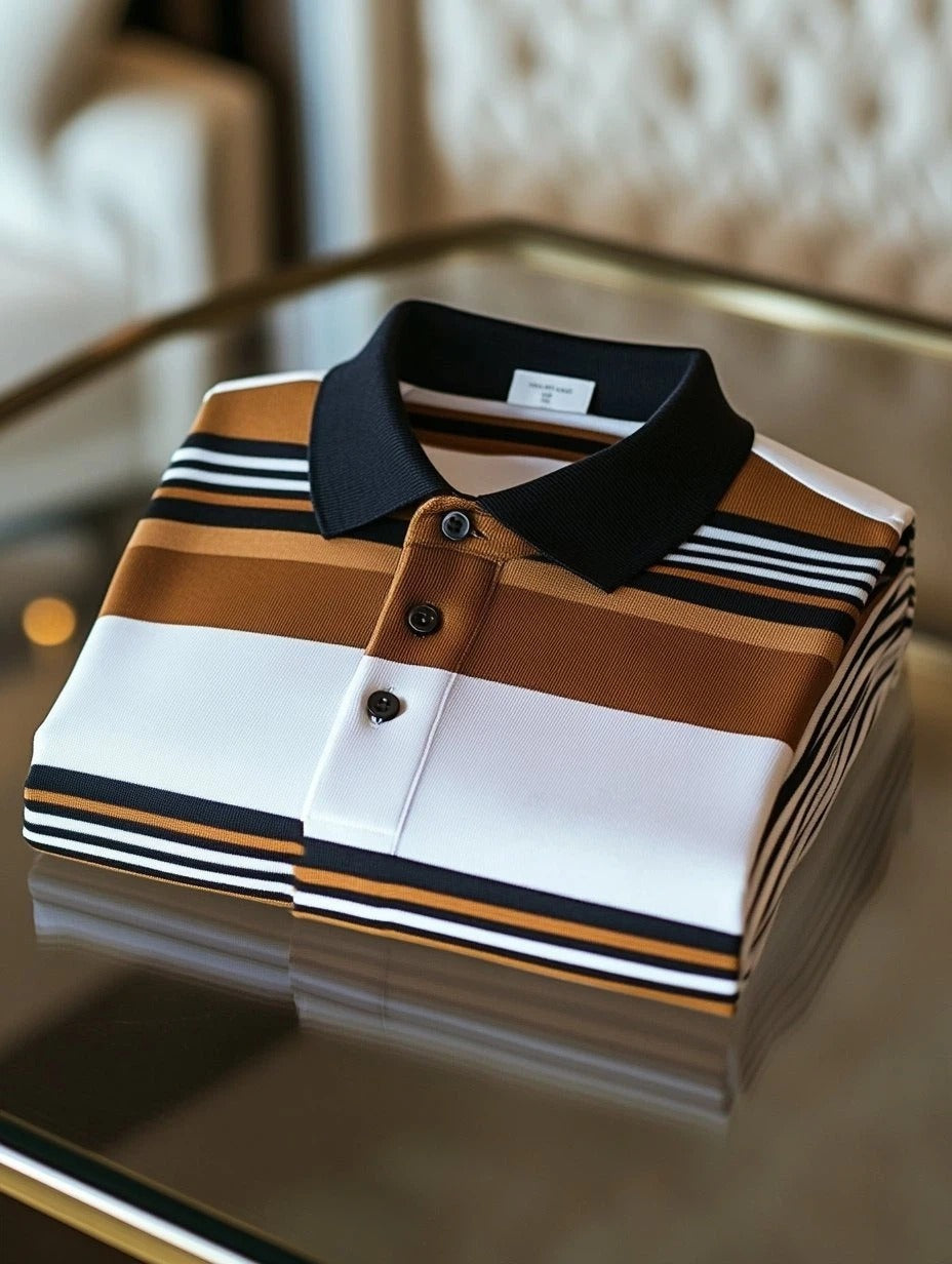 Men's Business Casual Striped Button Short Sleeve Polo Shirt