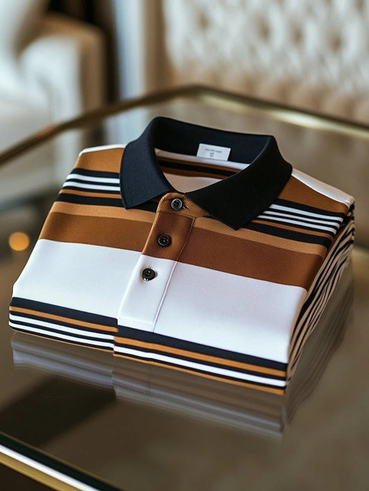 Men's Business Casual Striped Button Short Sleeve Polo Shirt