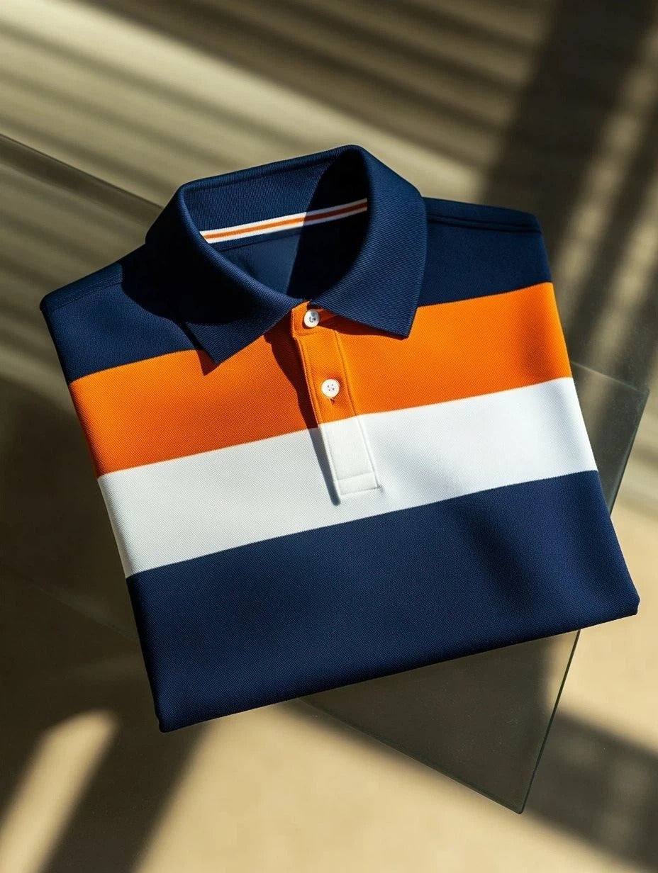 Men's Business Casual Striped Button Short Sleeve Polo Shirt