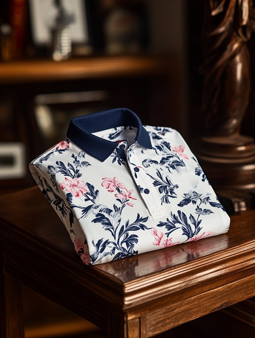 Men's Business Casual Floral Print Button-Down Short Sleeve Polo Shirt