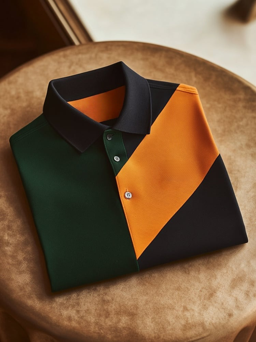 Men's Classic Business Check Logo Button Short Sleeve Polo Shirt