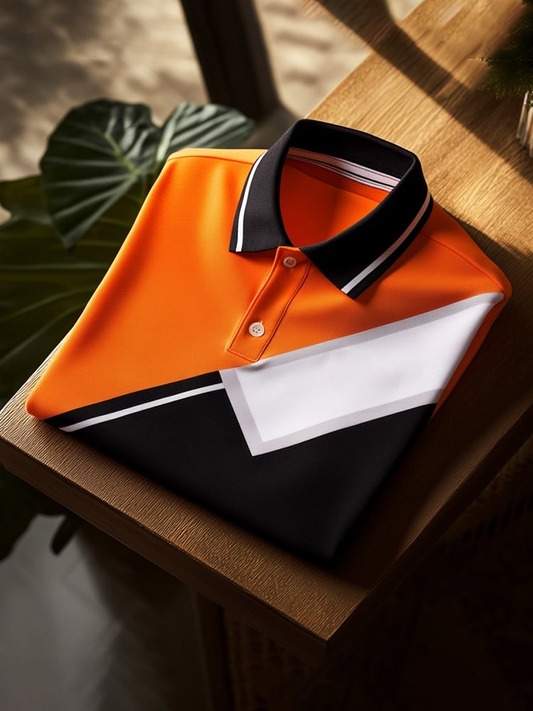 Men's Classic Business Check Logo Button Short Sleeve Polo Shirt