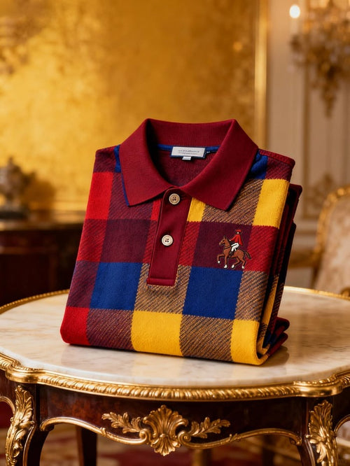 Men's Retro Business Logo Print Long Sleeve Polo Shirt