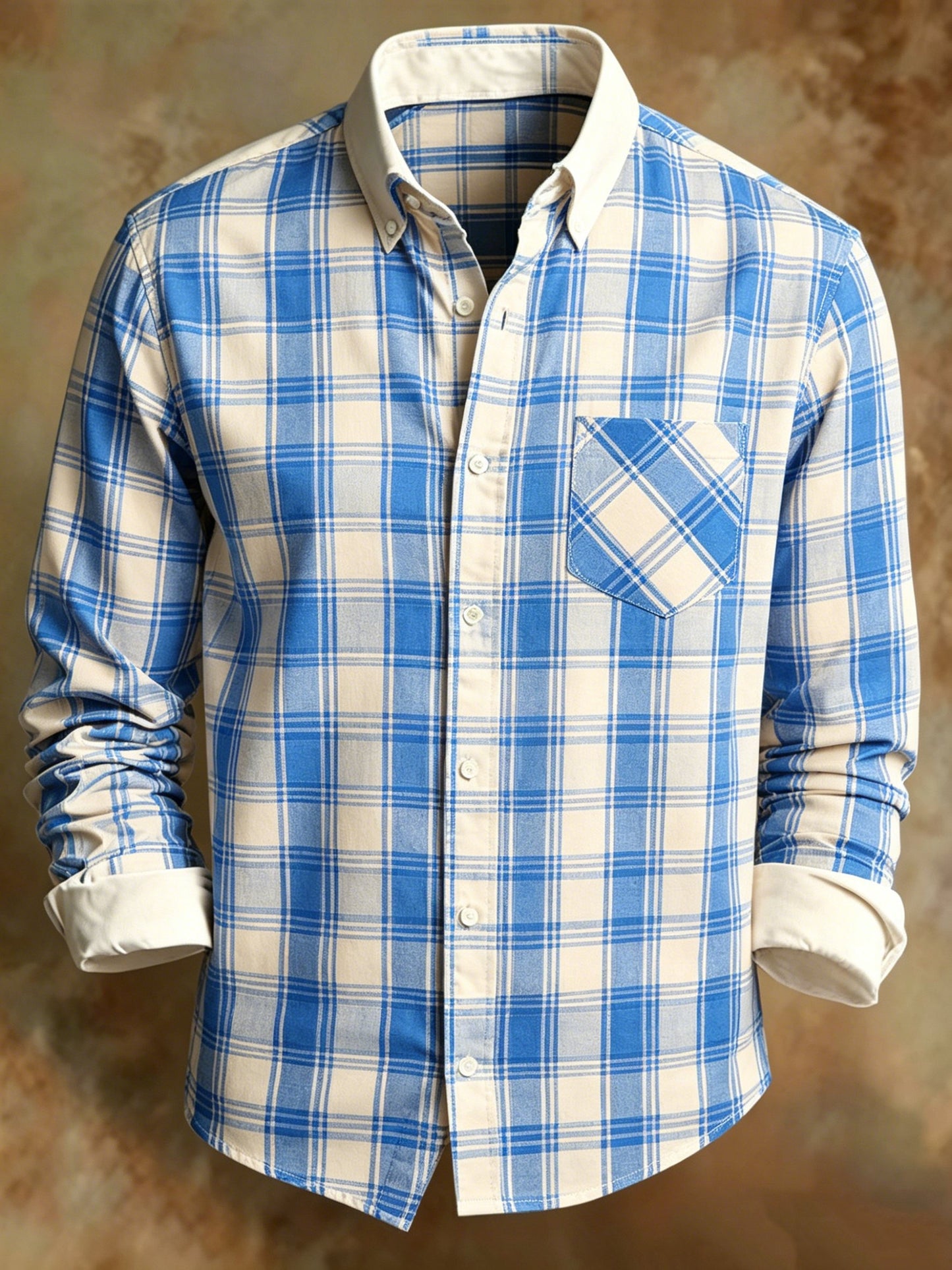 Men's Retro Light Blue Plaid Print Business Shirt