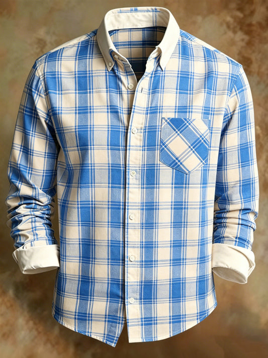 Men's Retro Light Blue Plaid Print Business Shirt