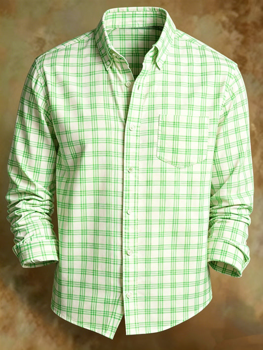 Men's Retro Light Green Plaid Print Business Shirt