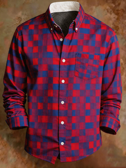 Men's Retro Red Blue Plaid Print Business Shirt