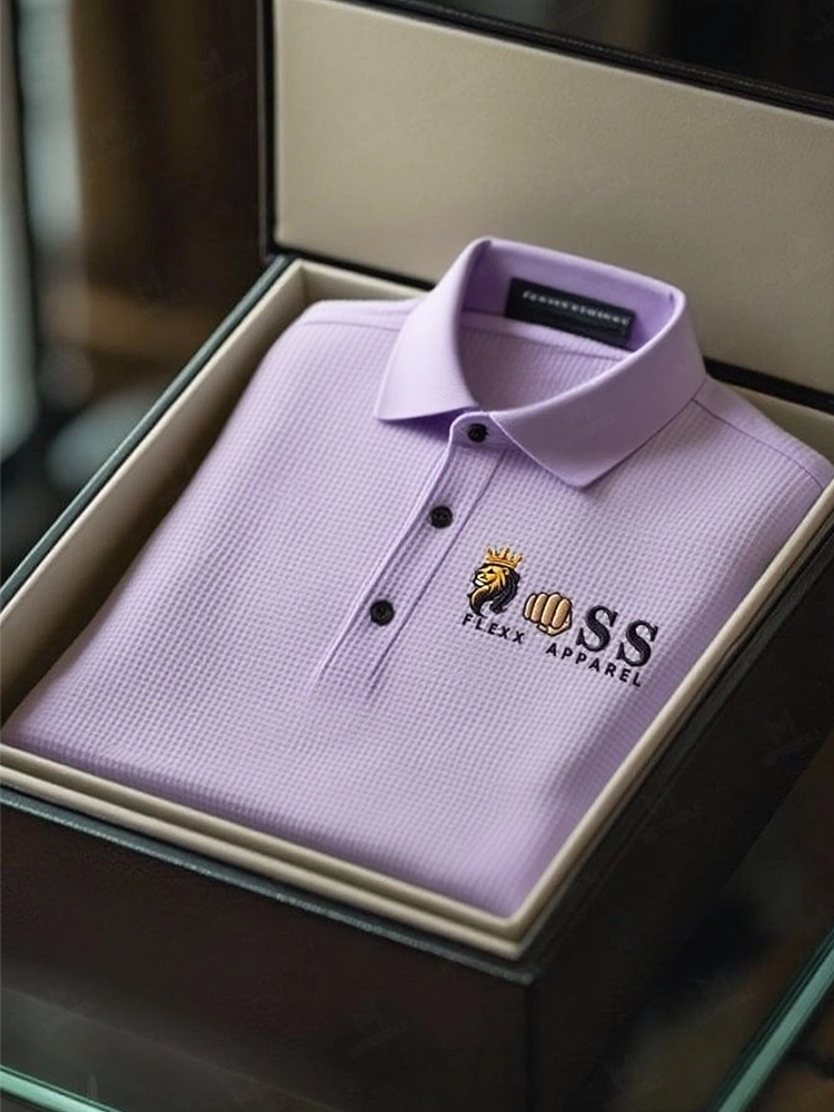 Men's Fashion Business Style Letter Printed Waffle Casual Short Sleeve POLO Shirt