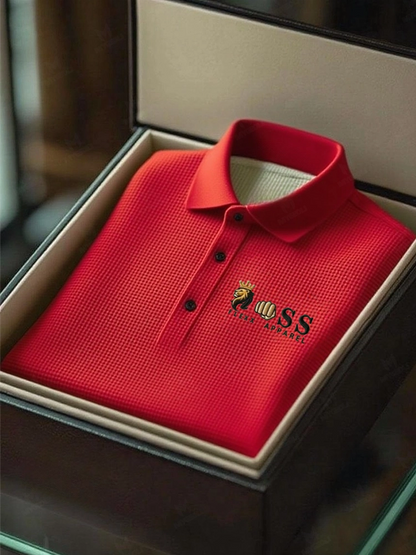 Men's Fashion Business Style Letter Printed Waffle Casual Short Sleeve POLO Shirt