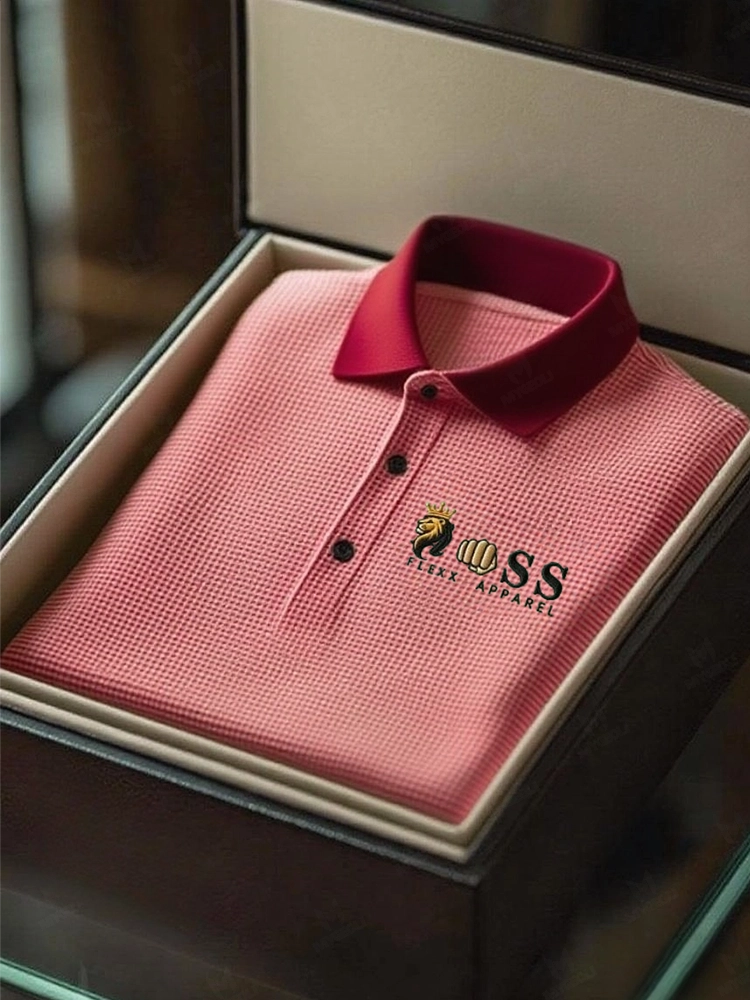 Men's Fashion Business Style Letter Printed Waffle Casual Short Sleeve POLO Shirt