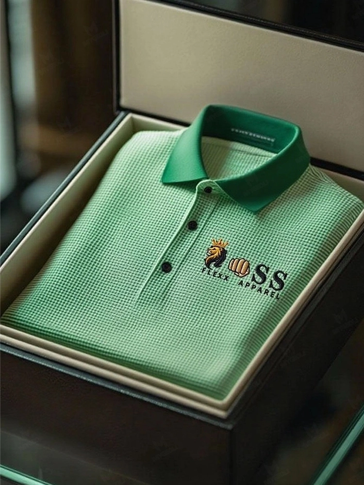 Men's Fashion Business Style Letter Printed Waffle Casual Short Sleeve POLO Shirt