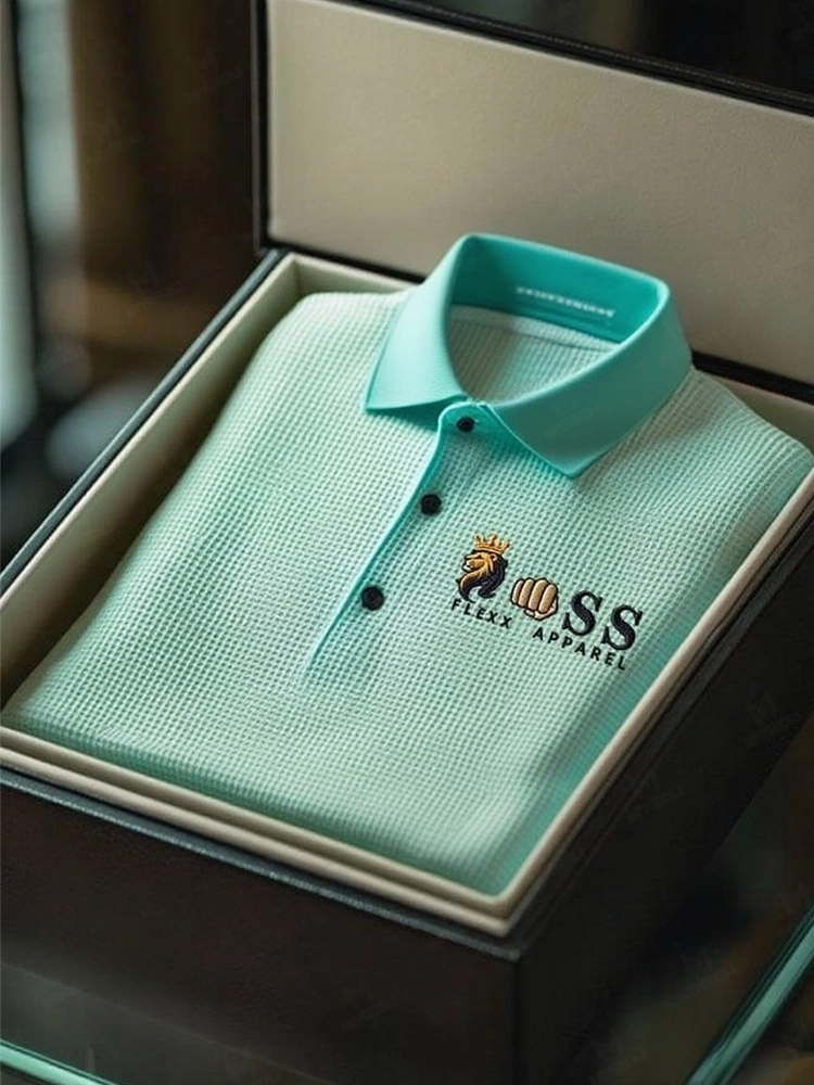 Men's Fashion Business Style Letter Printed Waffle Casual Short Sleeve POLO Shirt