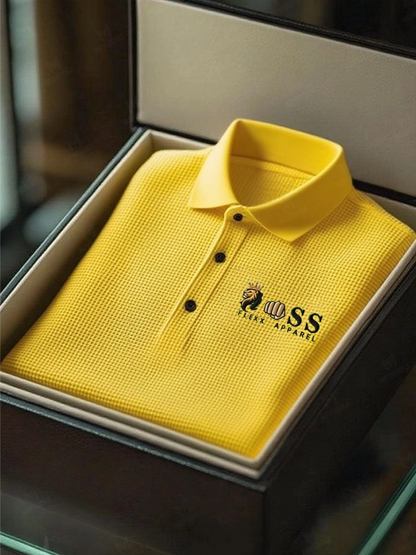 Men's Fashion Business Style Letter Printed Waffle Casual Short Sleeve POLO Shirt