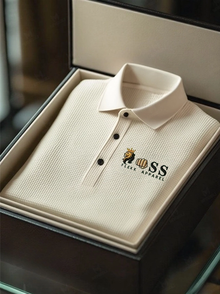 Men's Fashion Business Style Letter Printed Waffle Casual Short Sleeve POLO Shirt