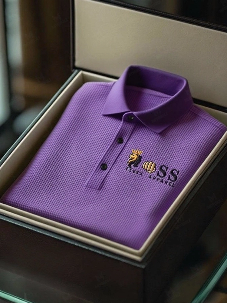 Men's Fashion Business Style Letter Printed Waffle Casual Short Sleeve POLO Shirt