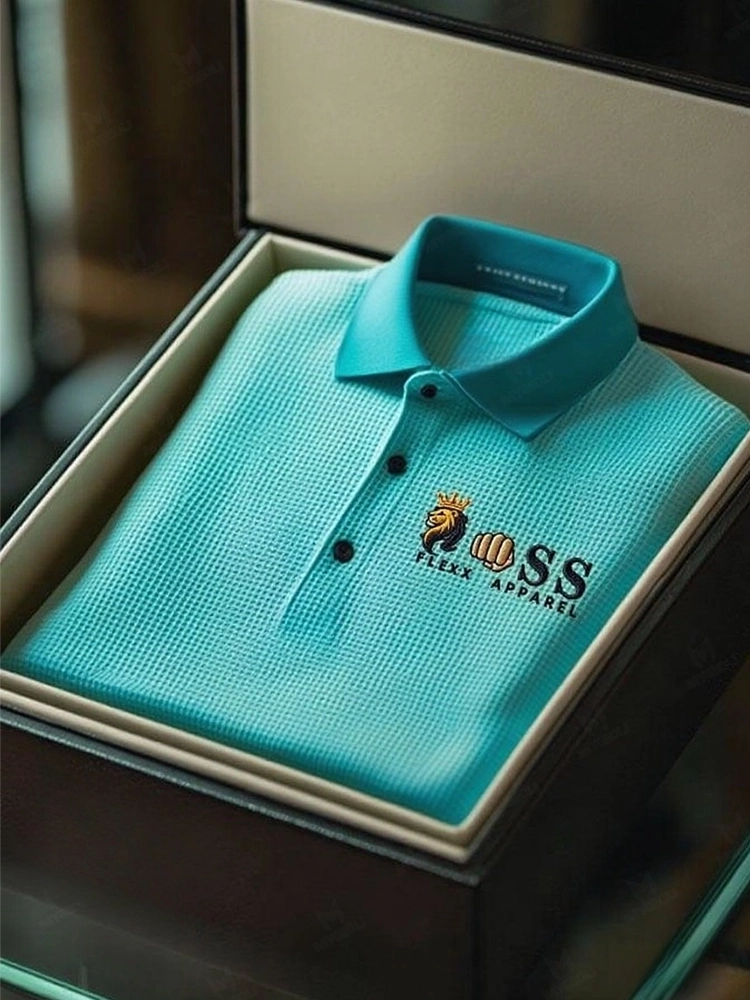 Men's Fashion Business Style Letter Printed Waffle Casual Short Sleeve POLO Shirt
