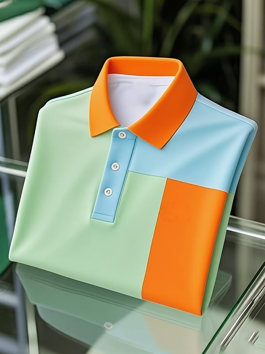 Men's Classic Business Tricolor Logo Button Short Sleeve Polo Shirt