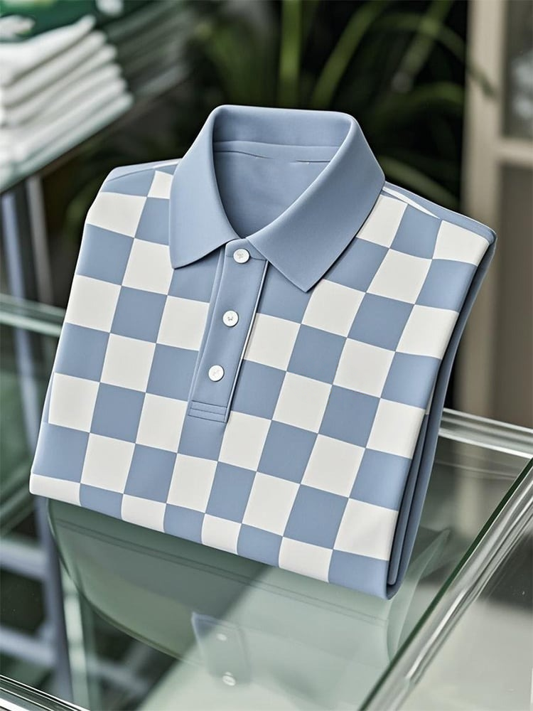 Men's Business Casual Checkerboard Button Short Sleeve Polo Shirt