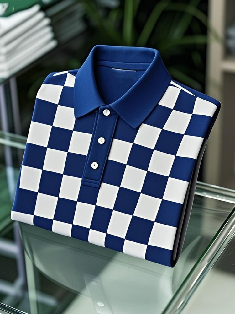 Men's Business Casual Checkerboard Button Short Sleeve Polo Shirt