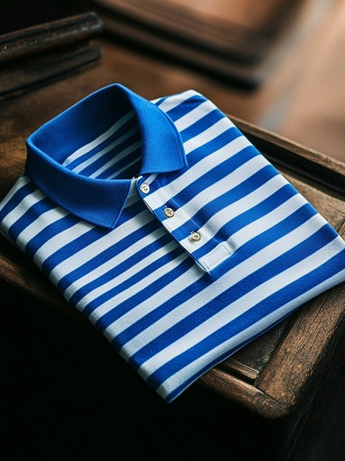 Men's Classic Business Blue and White Striped Button Short Sleeve Polo Shirt
