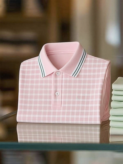 Men's Classic Business Stripe Button Short Sleeve Polo Shirt