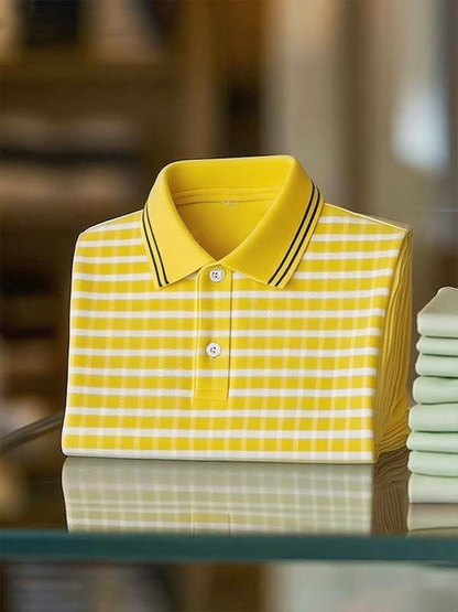 Men's Classic Business Stripe Button Short Sleeve Polo Shirt