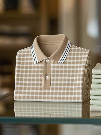 Men's Classic Business Stripe Button Short Sleeve Polo Shirt