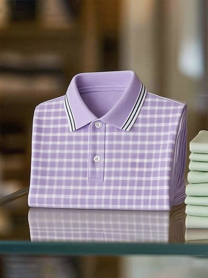 Men's Classic Business Stripe Button Short Sleeve Polo Shirt