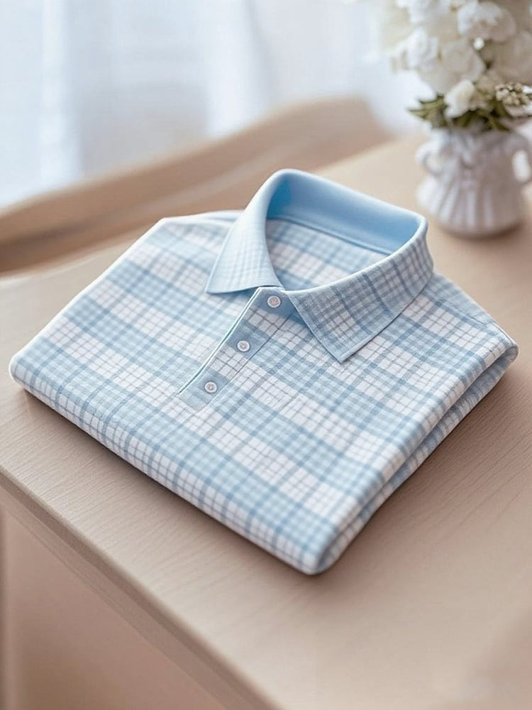 Men's Business Casual Blue Plaid Button-Down Short Sleeve Polo Shirt