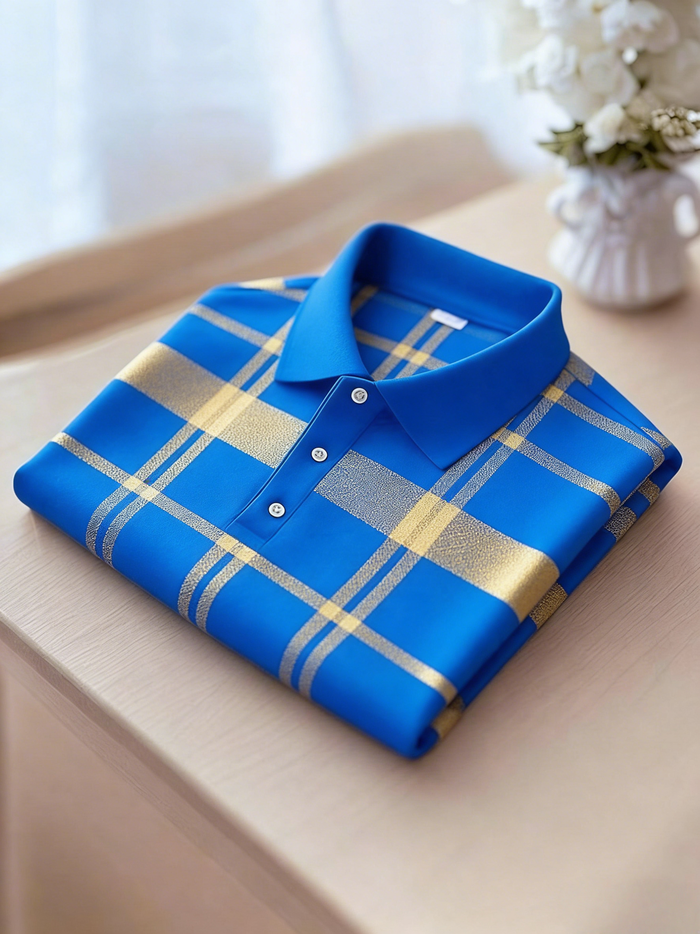 Men's Business Casual Black and Yellow Plaid Button Short Sleeve Polo Shirt