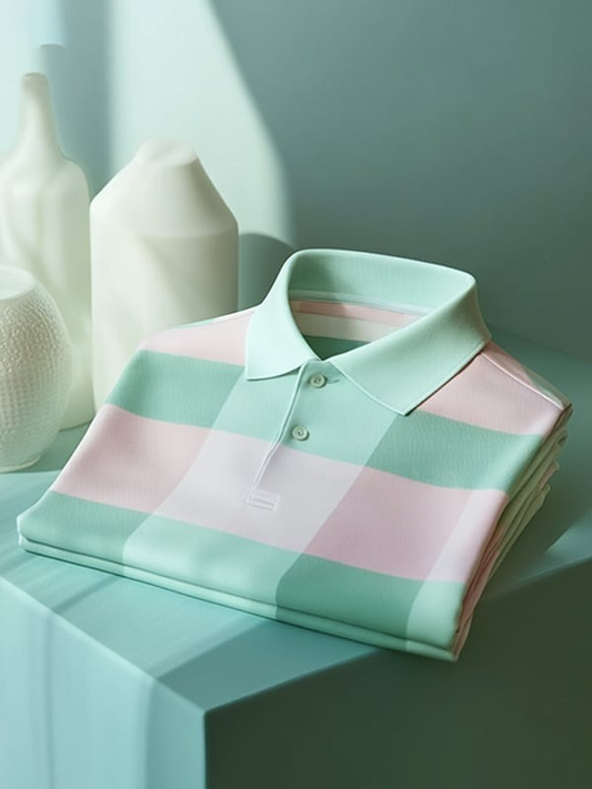 Men's Classic Business Tricolor Check Logo Button Short Sleeve Polo Shirt