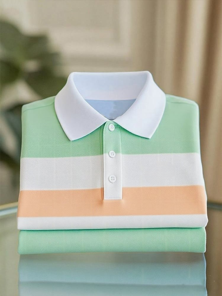 Men's Business Casual Orange and Green Striped Button Short Sleeve Polo Shirt
