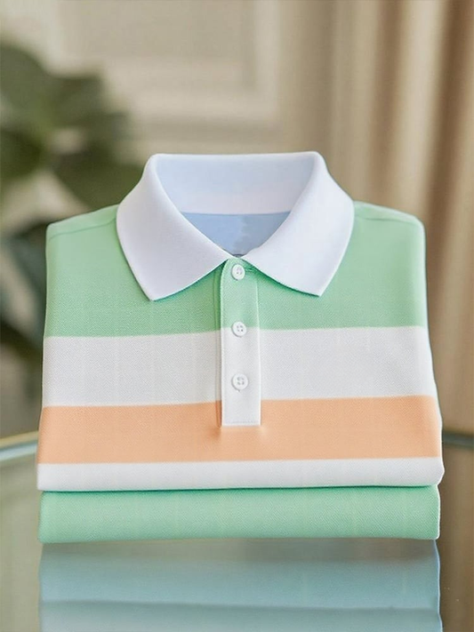 Men's Business Casual Orange and Green Striped Button Short Sleeve Polo Shirt