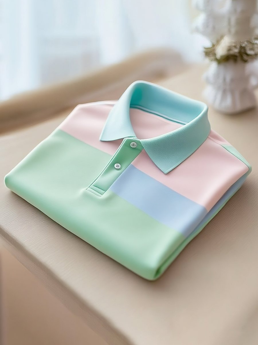 Men's Classic Business Stripe Button Short Sleeve Polo Shirt