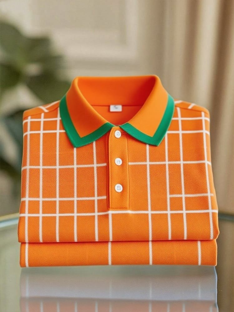 Men's Business Casual Orange Plaid Button Short Sleeve Polo Shirt