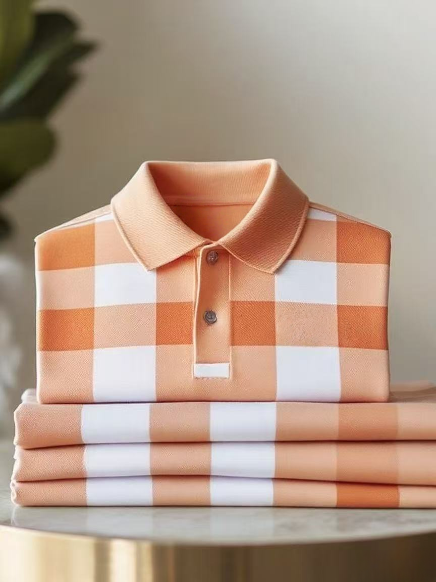 Men's Classic Business Check Button Short Sleeve Polo Shirt