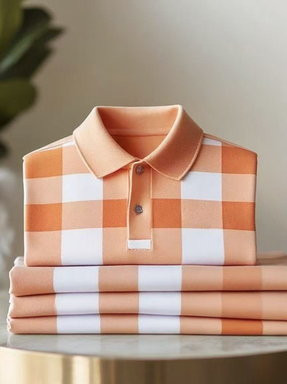Men's Classic Business Check Button Short Sleeve Polo Shirt