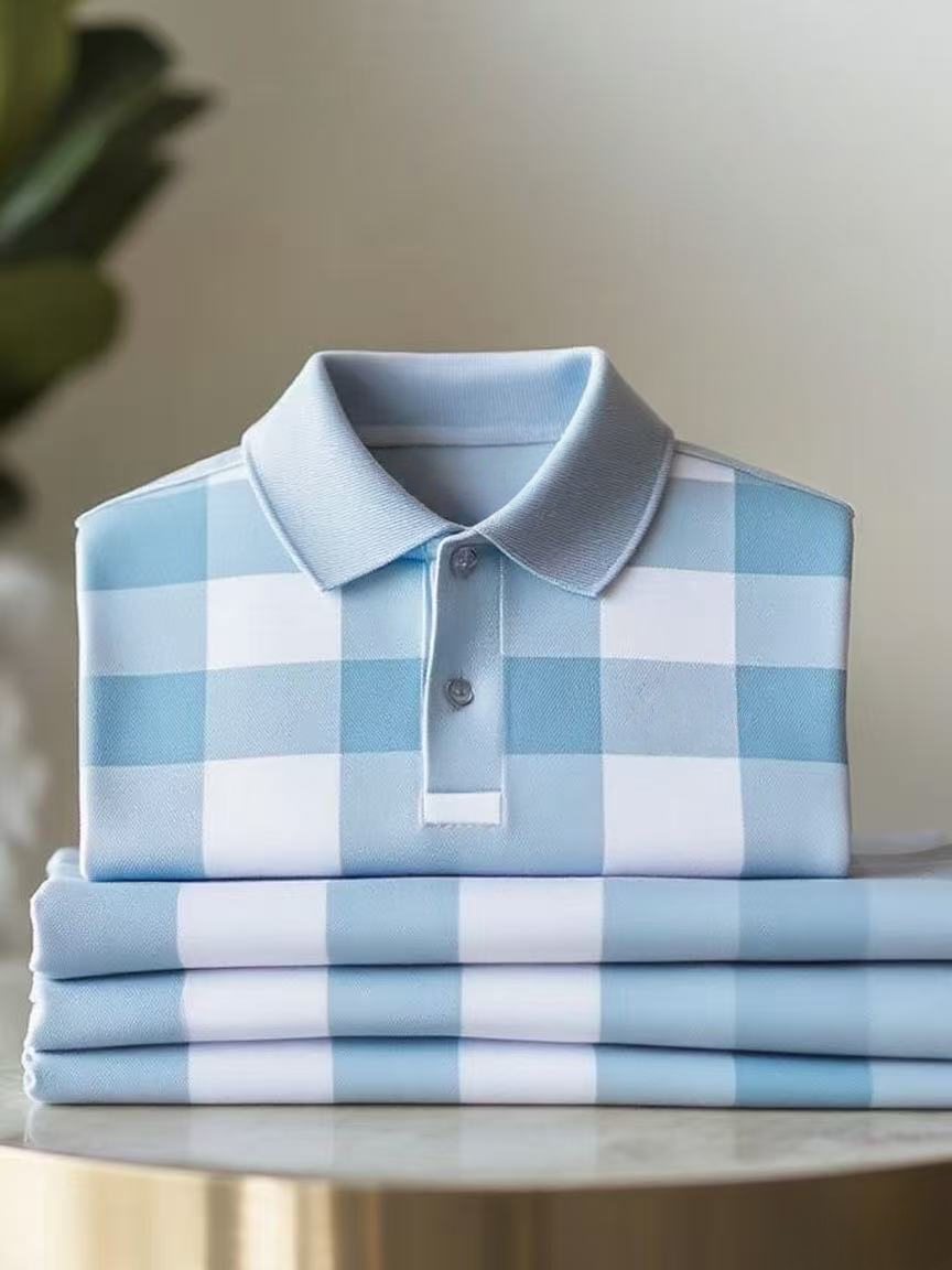 Men's Classic Business Check Button Short Sleeve Polo Shirt
