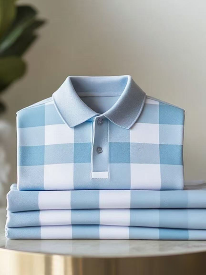 Men's Classic Business Check Button Short Sleeve Polo Shirt