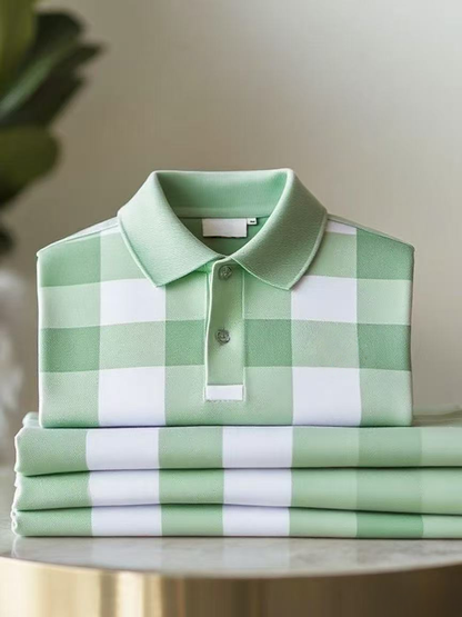 Men's Classic Business Check Button Short Sleeve Polo Shirt