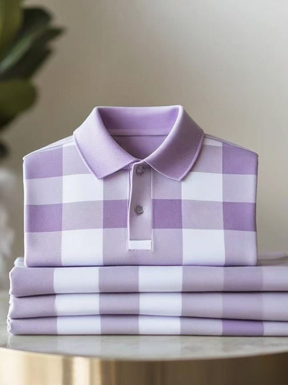 Men's Classic Business Check Button Short Sleeve Polo Shirt