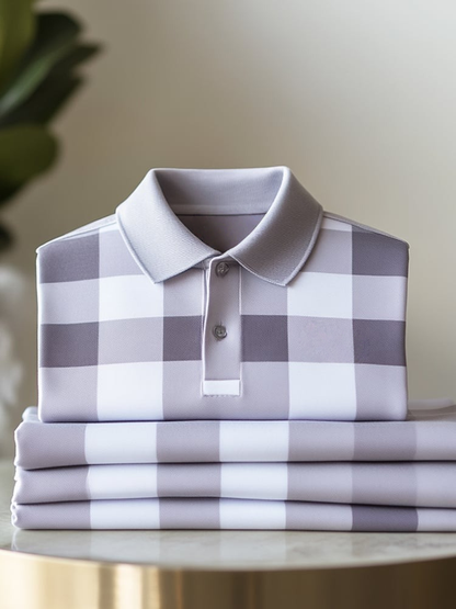 Men's Classic Business Check Button Short Sleeve Polo Shirt